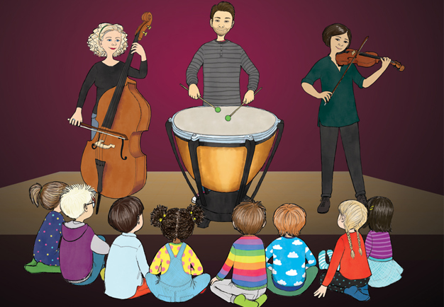 Illustration of young children sitting in front of musician. Illustration.