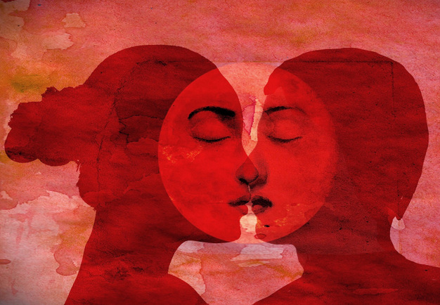 En målning i rött. Två personer pussas och deras ansite tillsammans ser ut som en måne. Illustration. 