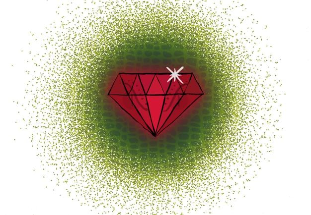 Illustration, en röd diamant gnistrar i grönt. 