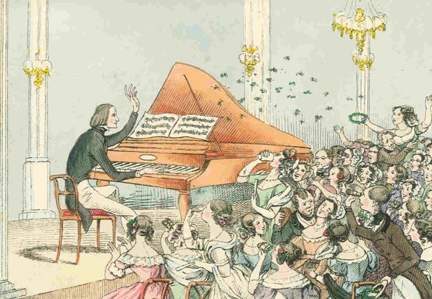 A drawing of Franz Liszt playing to an entusiastic audience.
