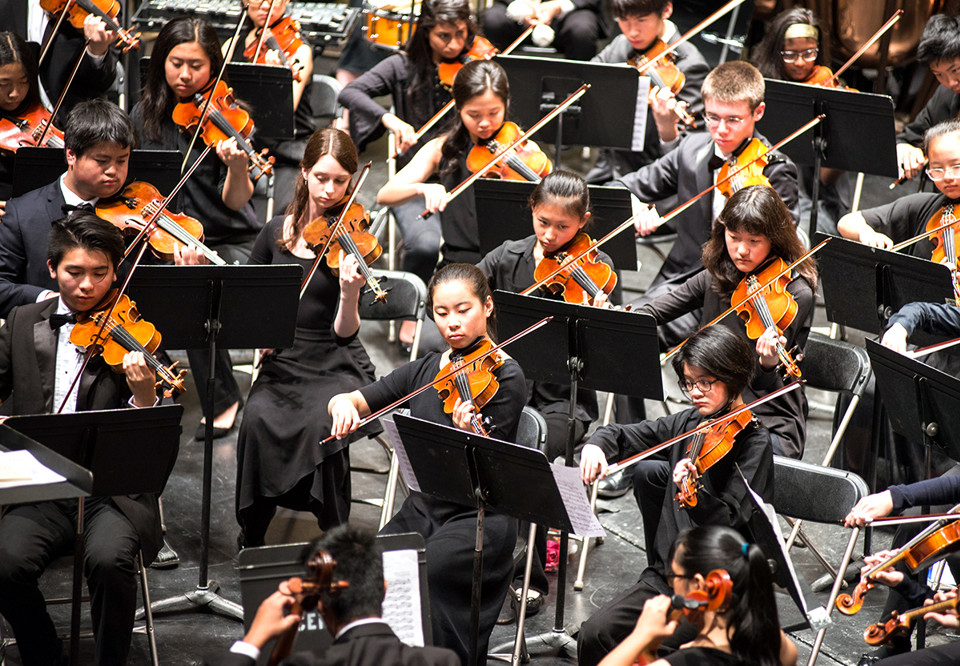 Large orchestra playing. Photo.
