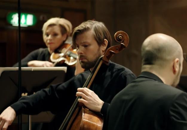 Cellist and members of orchestra. Photography from the video.