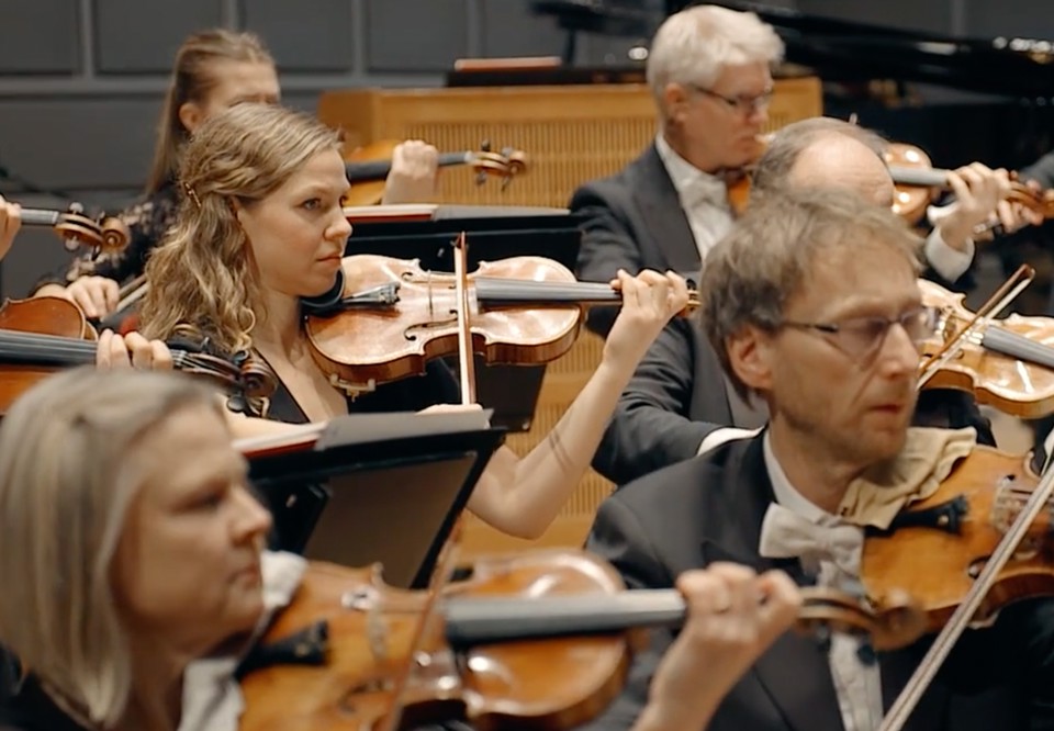Konsertklädda musiker i stråksektioner. Spelbild. Fotografi.