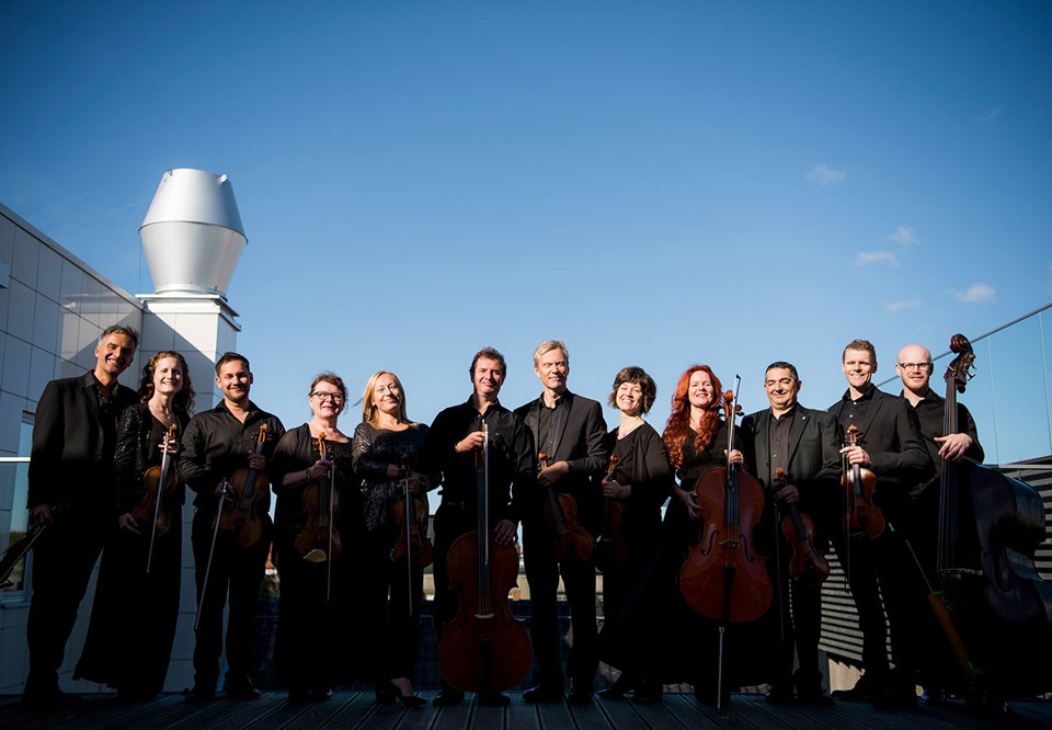 Many muscians with their instruments. Photo