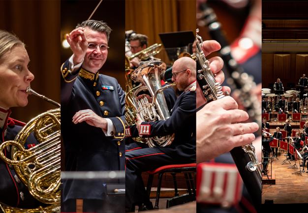 Kollage på armemusiker som spelar. Fotografi.