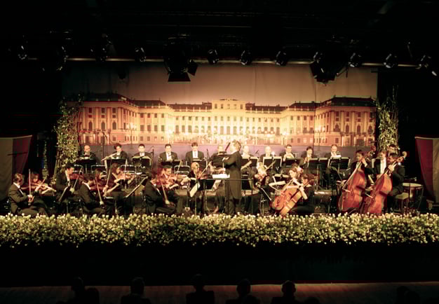 The orchestra playing in front of a backdrop showing the Schönbrunn Palace.