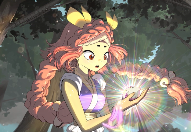 En flicka med flätor håller en liten fågel i sin hand. Anime-illustration från filmen. 