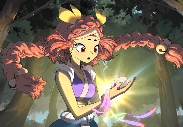 En flicka med flätor håller en liten fågel i sin hand. Anime-illustration från filmen. 
