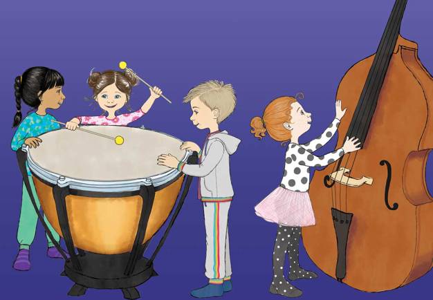 Three musicians playing in front of children sitting on the floor.  Illustration. 