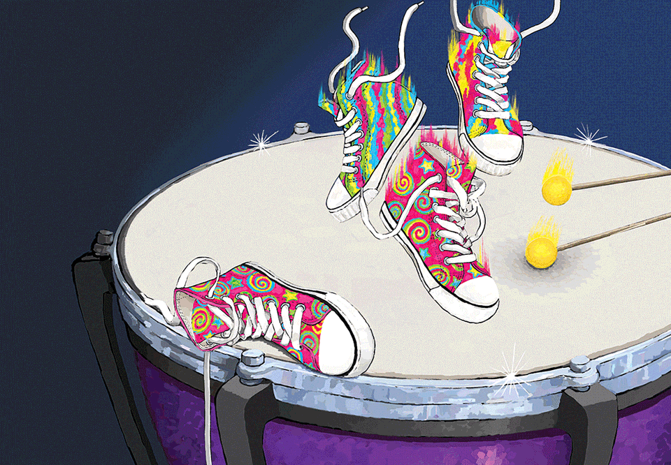 Illustraition av sneakers som ligger på en puka. Mycket färger och mönster. Illustration.