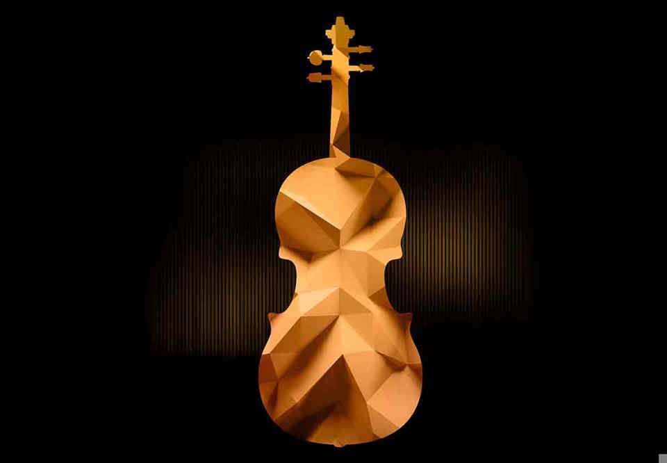 Illustration av en fiol. Guldigt instrument mot svart bakgrund