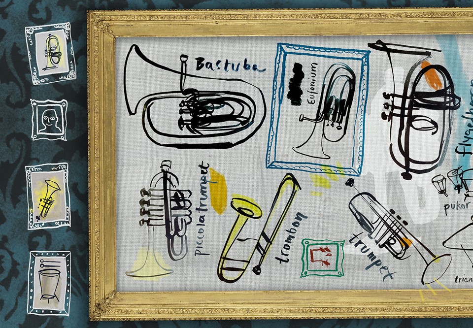 Illustration av flera tavlor med motiv av instrument inuti.
