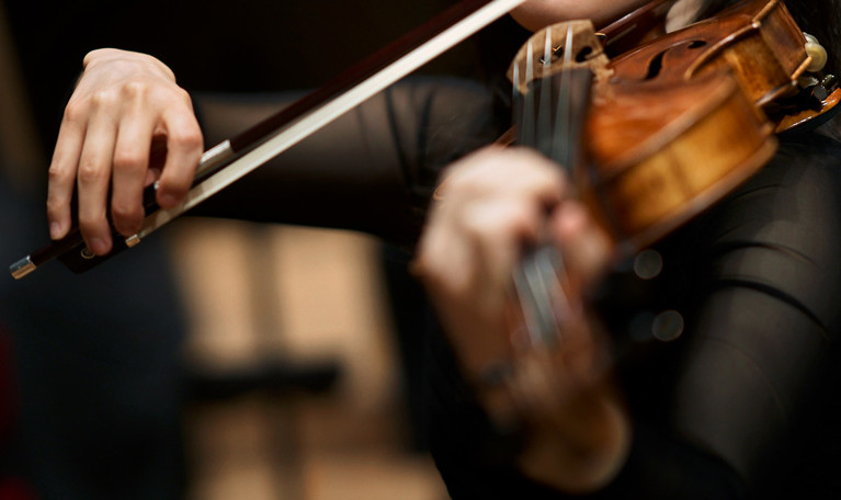 Närbild bakifrån på kvinna som spelar viola