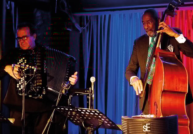 The duo live in concert, intimate club environment. Photography.