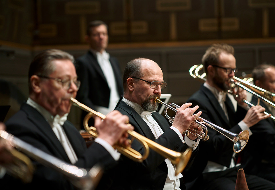 Bild på Kungliga Filharmonikernas blåssektion.
