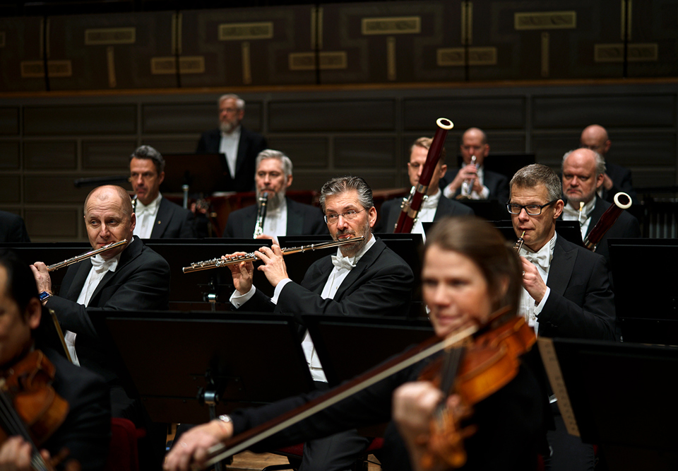 Spelande musiker ur en orkester. Fotografi.