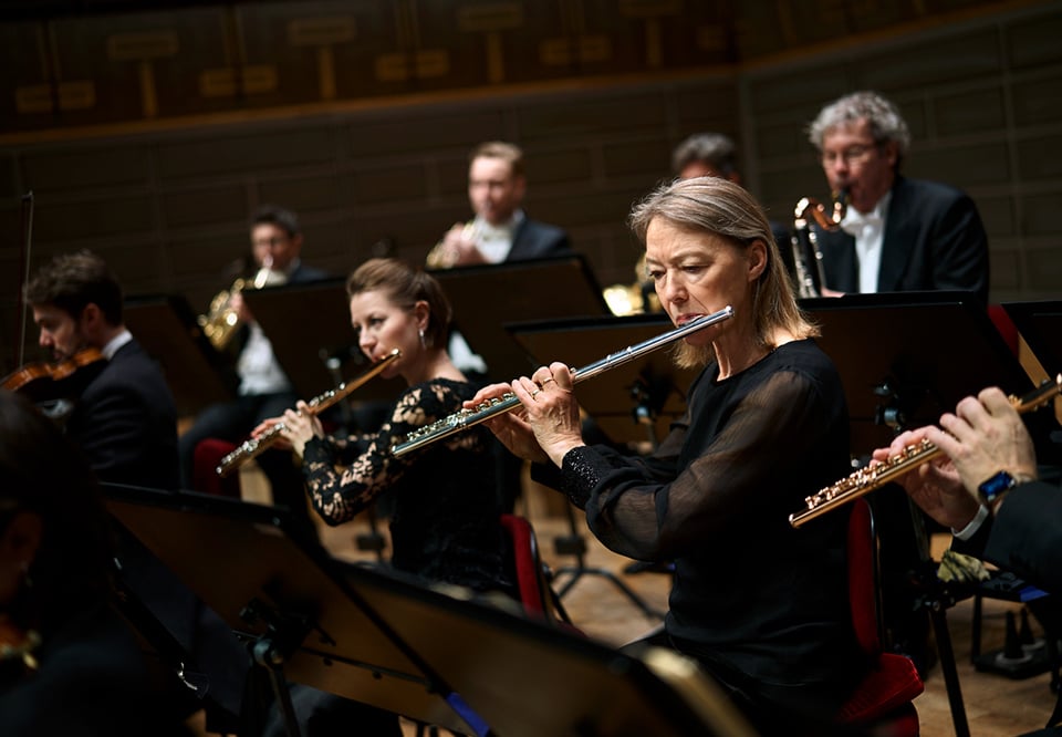 Members of the orchestra playing their instruments. 