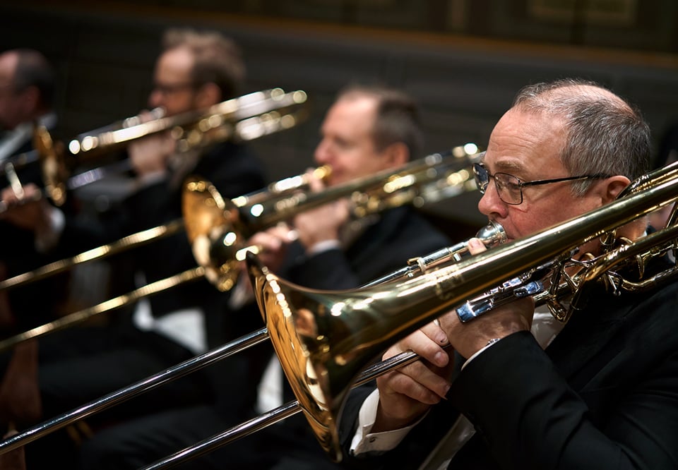 Spelande musiker ur en orkester. Fotografi.