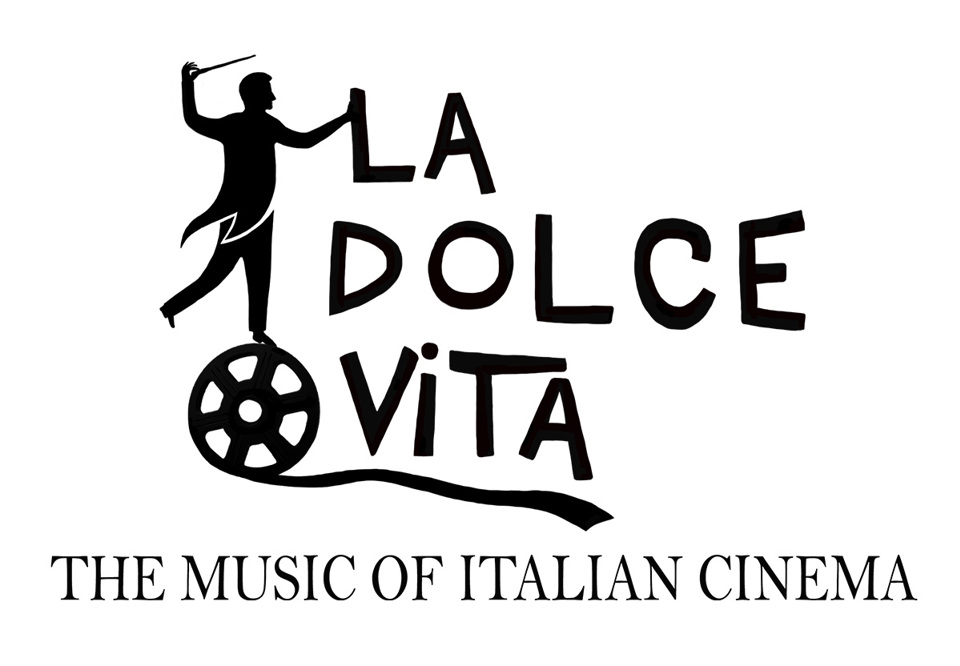 Logotyp för produktionen La Dolce vita, en dirigent i siluett som står på en tecknad filmrulle samt namet. La dolce Vita. Illustration.