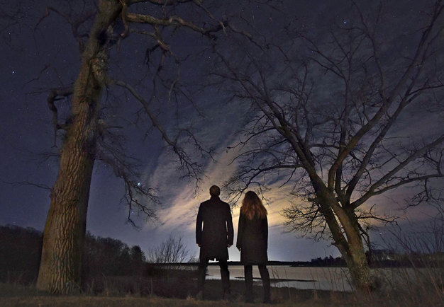 People standing outside under a sky filled with stars. Photo.