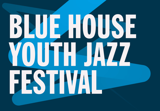 Vit text Blue House Youth Jazz Festival mot blå bakgrund. Illustration.