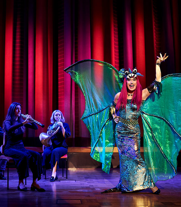 Fotografi av en scenisk föreställning med en  person utklädd till drake.