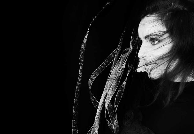 Black and white photo of Maja Ratkje, profile.