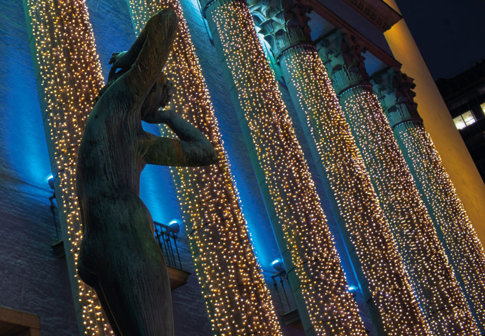 Concert hall in Christmas lights. Photography.