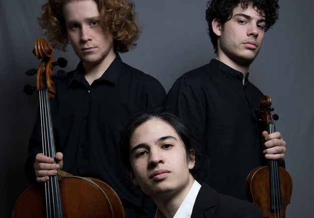 Trio med instrument. Fotografi.