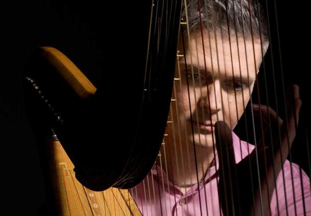 Stephen Fitzpatrick seen throu his harp. Close up picture.
