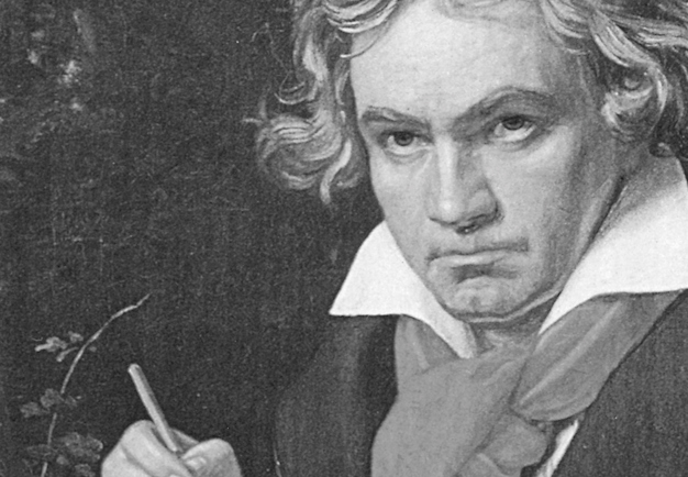 Svartvit bild på tonsättaren Ludwig van Beethoven. Illustration.