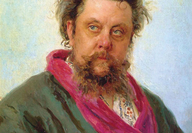 Colourful oil painting of Modest Musorgsky, wearing a greenish and pink robe. Oil on canvas.